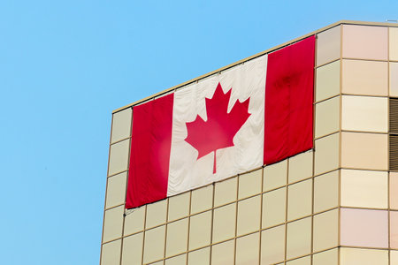 Bottom view of the Canadian flag on a flagpoleのeditorial素材