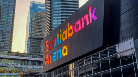 Toronto, ON, Canada â July 29, 2025: The logo and brand sign of Scotiabank Arena stadium in downtown Toronto.のeditorial素材