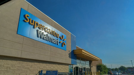 Toronto, ON, Canada - August 30, 2025: View at the logo front sign of the Walmart super store in...