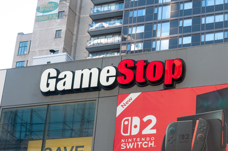 Toronto, ON, Canada â July 30, 2025:  View at the sign of GameStop computer game store in shopping mall.のeditorial素材