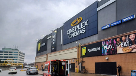 Toronto, ON, Canada â€“ July 17, 2025:  View at the sign of Cineplex Cinemas company.