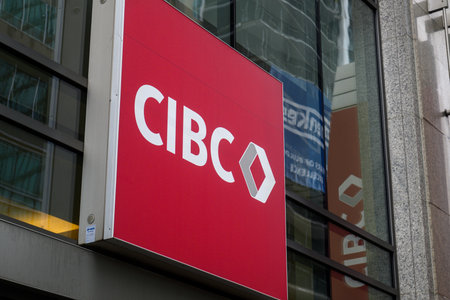 Toronto, ON, Canada â€“April 14, 2024: Close-up of CIBC sign on the building. Canadian Imperial...