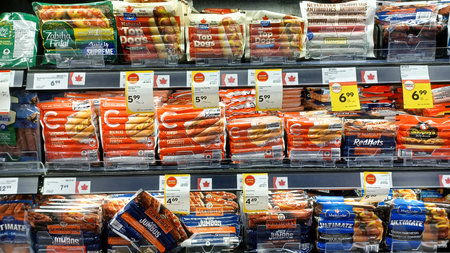 Toronto, ON, Canada - October 5,  2025: View of the meat department aisle and butcher shop in the Canadian store.のeditorial素材