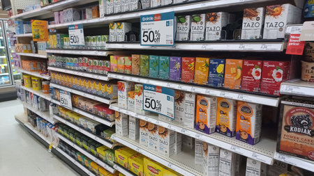Charlotte, NC, USA - October 10, 2025: Target store shelf displays various brands and flavors of...