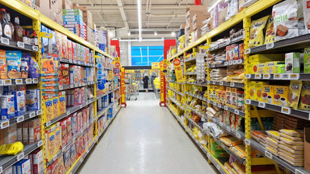 Toronto, ON, Canada - February 4, 2026: Rows of breakfast cereals and dry goods are displayed in a brightly lit supermarket aisle.のeditorial素材