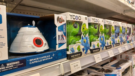 Toronto, ON, Canada - October 5 27, 2025: View the shelves with the toys in the Toys R Us store in Canadaのeditorial素材