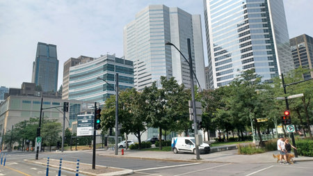 Montreal, QC, Canada - July 6, 2025 - Generic view at the a busy street in downtown Montreal,...