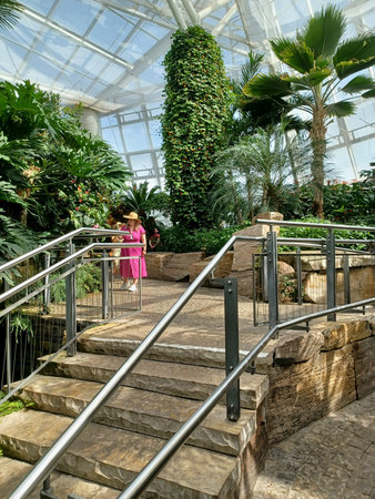 Niagara Falls, ON, Canada - August 4, 2025: This picture shows a woman amidst tropical plants at the Butterfly Conservatory.のeditorial素材
