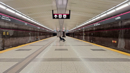 Toronto, ON, Canada - February 17, 2026: View at the Leslie subway station (Line 4) inside.のeditorial素材