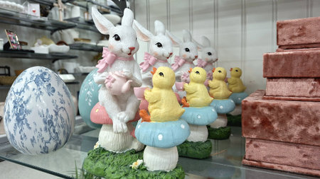 Niagara Falls, ON, Canada - February 15, 2026: This shelf displays Easter decorations with rabbit...