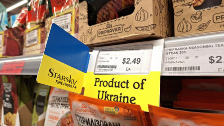 Toronto, ON, Canada - March 13, 2026: A supermarket shelf displays Ukrainian products with...