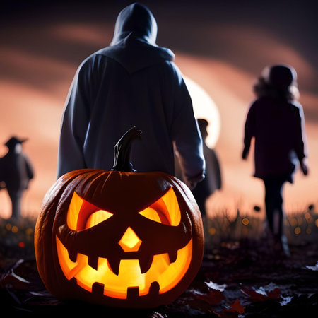 Jack-O-Lantern at Night With People Looking at the Moon in the Backgroundの素材