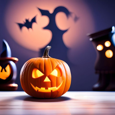 A Halloween Themed Design Featuring a Jack-O-Lantern and the Silhouette of a Batの素材