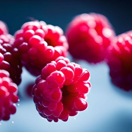 Close-up of Wet Raspberries Falling Through the Air with a Dark Backdropの素材