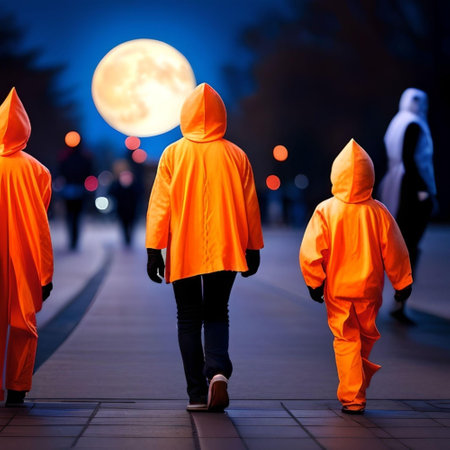 Group of Trick-or-Treaters in Orange Costumes Walking Toward a Full Moonの素材