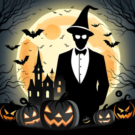 Spooky Design of a Silhouette of Man in a Tuxedo Wearing a Wizards Hatの素材