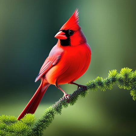 Illustration of a Male Red Cardinal on an Evergreen Branchの素材