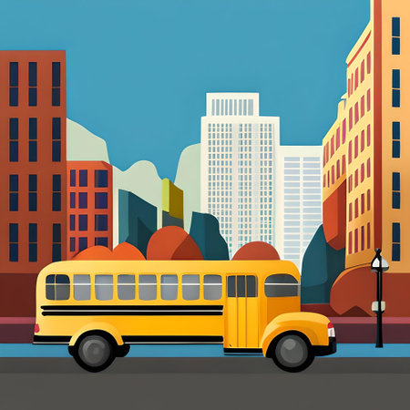 Yellow School Bus on a Sunny Fall Day in a City Illustrationの素材