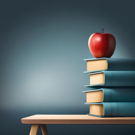 Apple and Books on a Table With a Blue Background.の素材