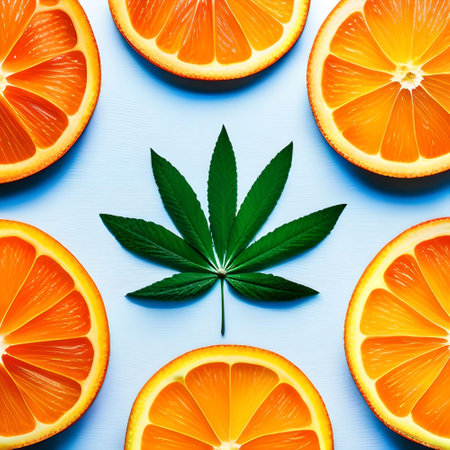 Green Cannabis Fan Leaf With Orange Slices on Flat Surfaceの素材