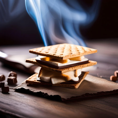 Close-up of a Freshly Made Smore on a Wood Surface Backlit With Rising Smokeの素材