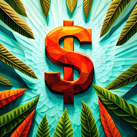 Giant Red US Dollar Sign Framed by Green Leaves on Aqua Blueの素材