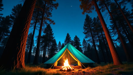 Camping in the forest at night with a bonfire in the foregroundの素材