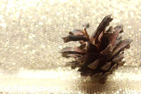 A beautiful pine cone on a silver shiny background. New Year and Christmas decorations. The object...