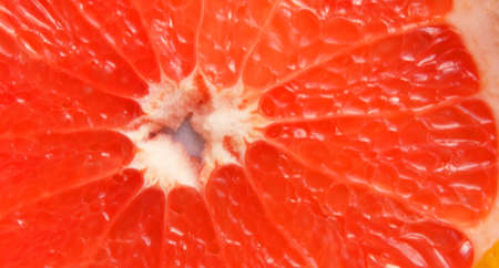 Grapefruit close-up. A slice of grapefruit takes up the whole frame. The background is made of citrus fruits. Pieces of citrus. Texture. Wallpapers. Vitamin Complexの写真素材