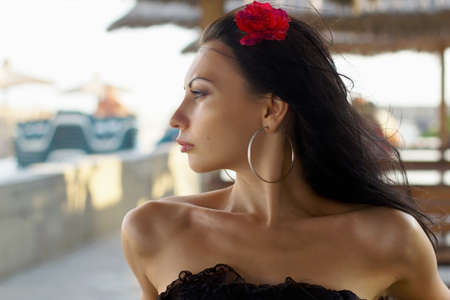 Closeup portrait of a charming young brunetteの写真素材