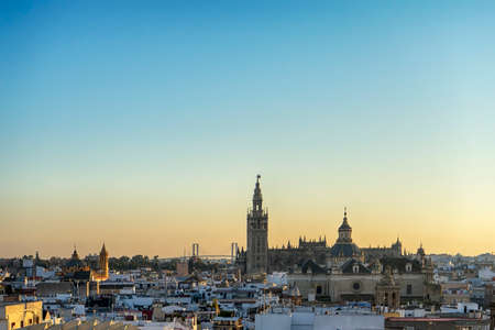 Last lights of the day on the monumental city of Seville, Spainの写真素材