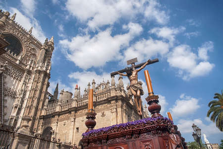 Jesus died on the cross, Holy Week in Seville, brotherhood of Studentsのeditorial素材