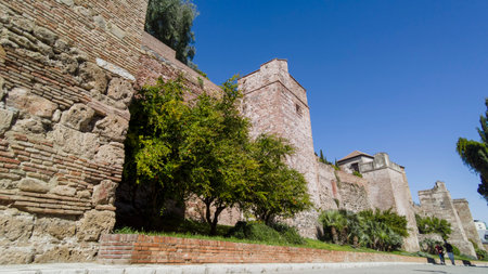 old Moorish wall of the Alcazaba of Malaga, Andalusiaのeditorial素材