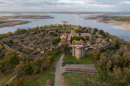 aerial view of Granadilla next to the Gabriel y Galan reservoir in the province of Caceres, Spainのeditorial素材