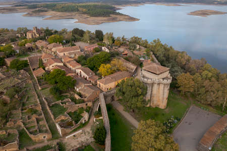 aerial view of Granadilla next to the Gabriel y Galan reservoir in the province of Caceres, Spainのeditorial素材