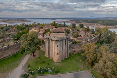 aerial view of Granadilla next to the Gabriel y Galan reservoir in the province of Caceres, Spainのeditorial素材