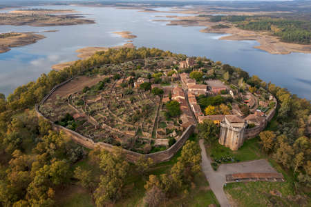 aerial view of Granadilla next to the Gabriel y Galan reservoir in the province of Caceres, Spainのeditorial素材