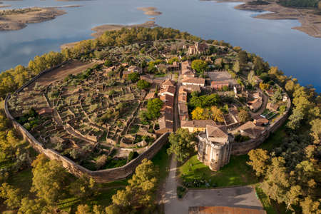 aerial view of Granadilla next to the Gabriel y Galan reservoir in the province of Caceres, Spainのeditorial素材