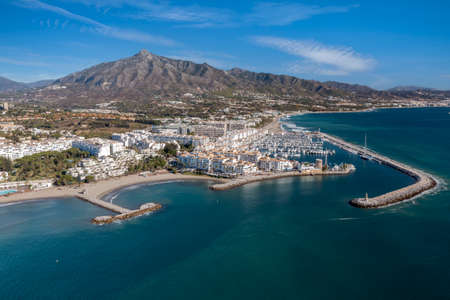 aerial view of Puerto Banus on a blue day, Marbellaのeditorial素材