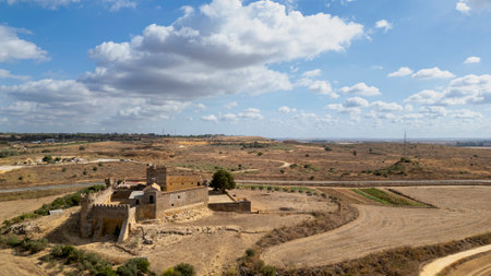 Aerial view of the castle of Marchenilla in AlcalÃ¡ de GuadaÃ­ra, Sevilleの写真素材
