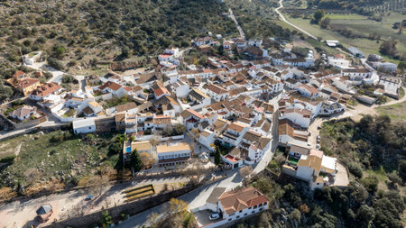 Aerial view of the pretty white village of Alfarnatejo in the province of Malaga, Andalusia.の写真素材