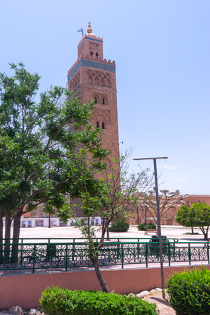 the beautiful minaret of the Koutoubia Mosque in the city of Marrakech, Moroccoの写真素材