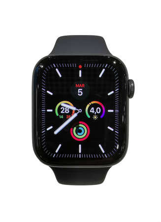 Apple watch series 5 44mm Space Gray Aluminum Case with Black Sport Band in a consumer electronics...