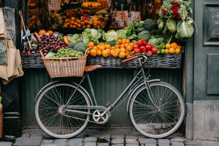 Bicycle with basket of fruits and vegetables in Paris, France.の素材