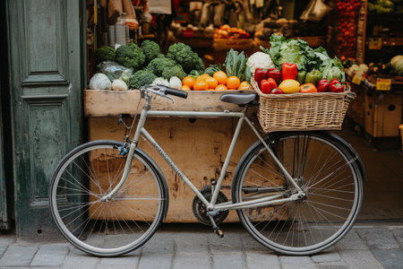 Bicycle with basket full of fresh vegetables on the street in Paris, Franceの素材