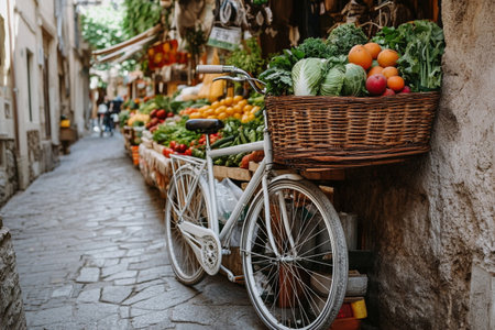 Bicycle with basket of fresh vegetables on the street in the old town.の素材