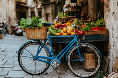 Bicycle with baskets of fresh vegetables in the old town of Rethymno, Crete, Greeceの素材