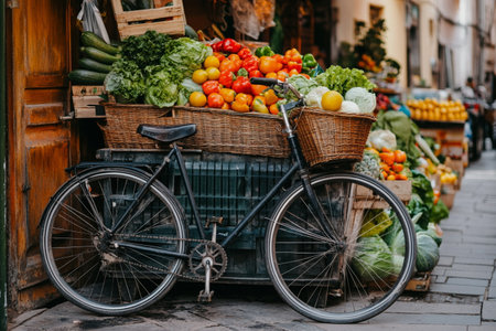 Bicycle with basket full of fresh fruits and vegetables in the street.の素材