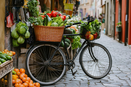 Bicycle with basket of fresh vegetables on the street of the old townの素材