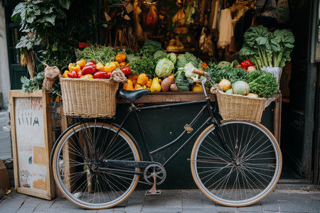 Bicycle with basket full of fresh vegetables in Paris, France.の素材